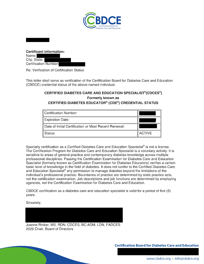 CBDCE CDCES certification verification for Megan Viduya