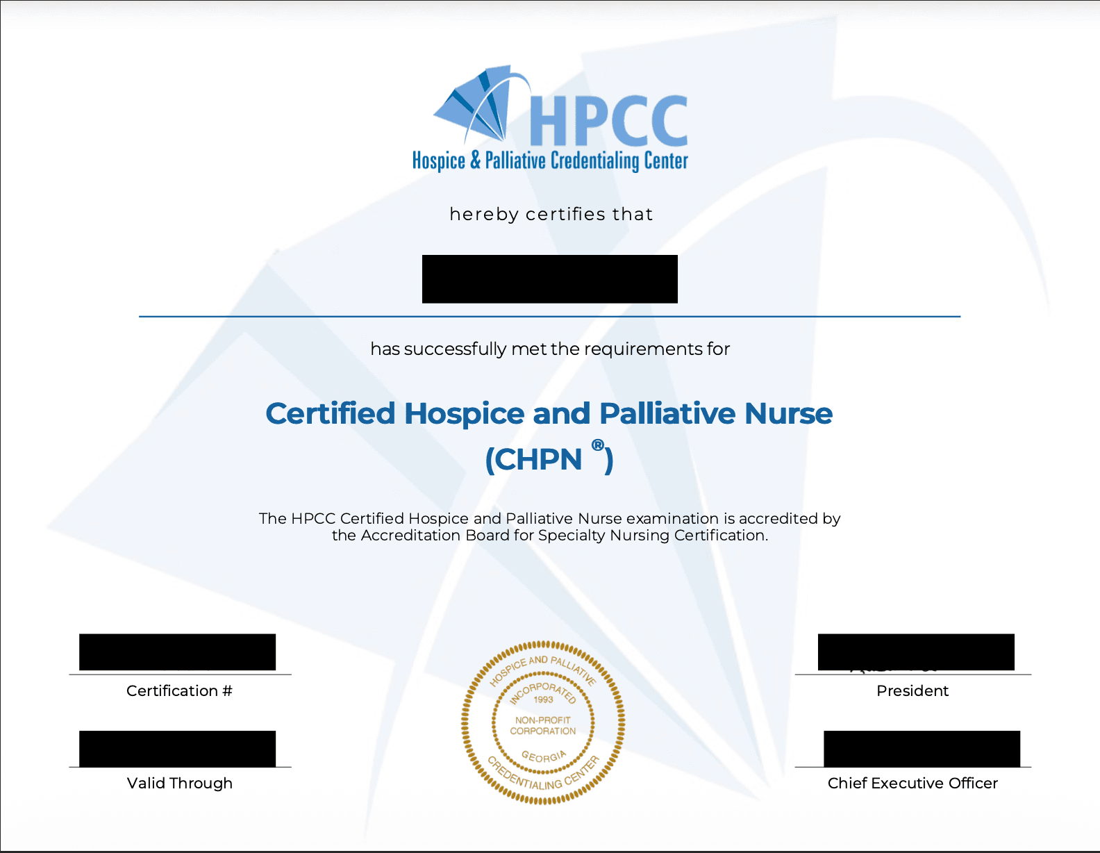 HPCC Certified Hospice and Palliative Nurse certificate for Paul Kang