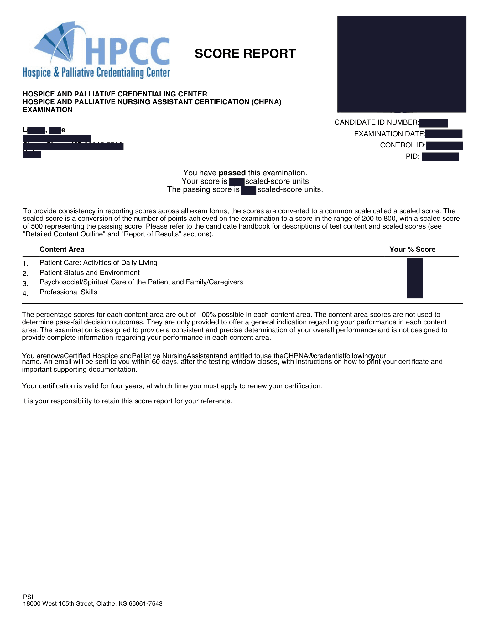 HPCC CHPNA examination pass score report for Julie Lessin