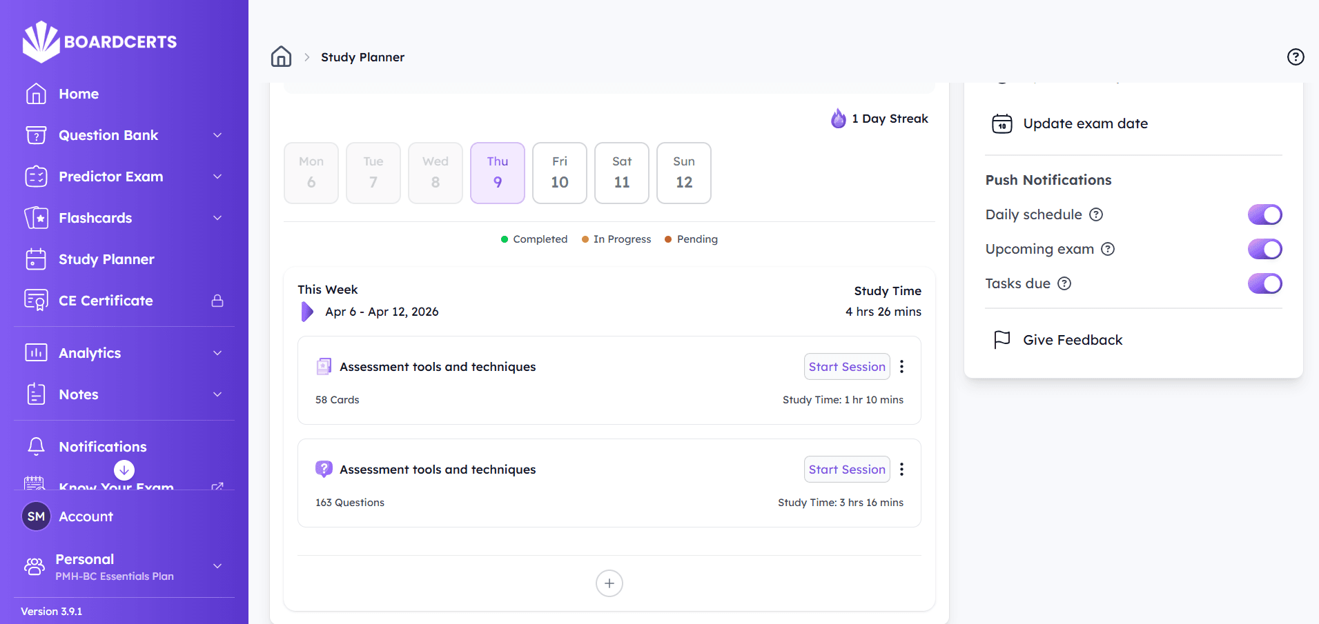 BoardCerts study planner screenshot